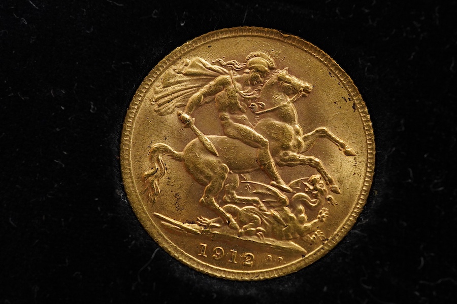 British gold coins, George V, gold sovereign, 1912, VF, in case with certificate stating the sovereign was recovered in June 1932 by the Italian salvage steamer ‘Artiglio’ from the P & O steamer ‘Egypt’ which sank off Us